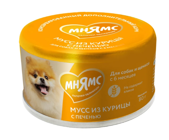 Влажный дополнительный корм Мнямс Мусс из курицы с печенью для собак и щенков старше 6 месяцев 80 г