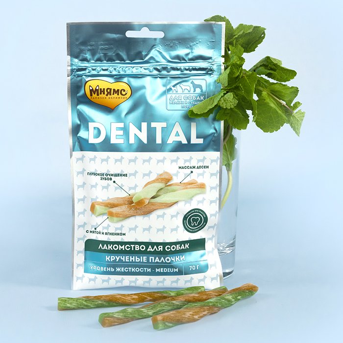 Мнямс DENTAL лакомство для собак "Крученые палочки" с ягненком и мятой 70 г