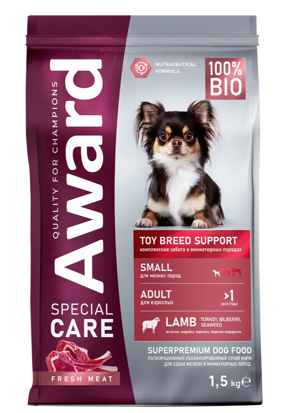 Сухой корм AWARD SPECIAL CARE Toy Breed Support со свежим мясом ягненка 1,5кг