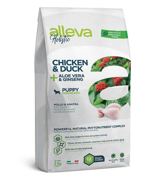Корм для щенков и юниоров Аллева Холистик с курицей и уткой, алое вера и женьшенем. Медиум 2 кг