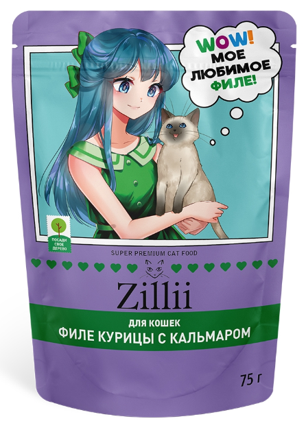 Зилли пауч Мясные волокна д/кош стерил. желе курица с кальмаром 75гр