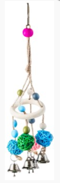 Игрушка WOGY д/птиц 30х6х6см составная на джутовой нитке с шариками из ротанга и колокольчиками арт.