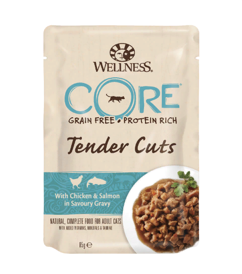 CORE TENDER CUTS для кошек, из курицы с лососем в виде нарезки в соусе 85 г