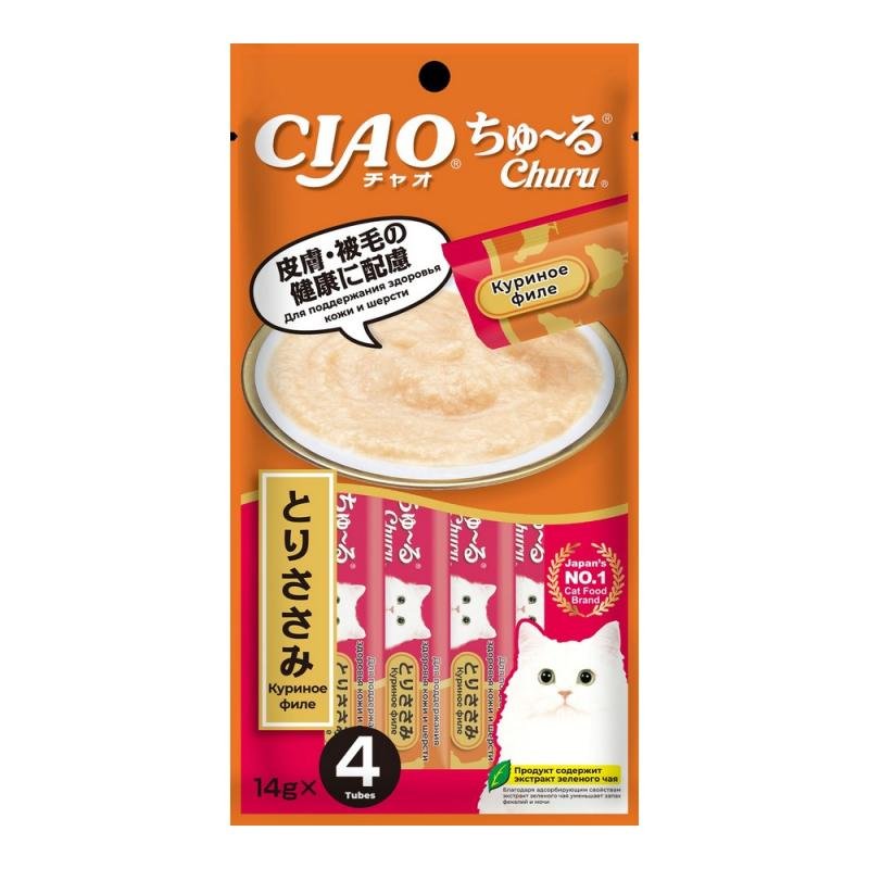 INABA CIAO Лакомство-пюре для кошек Churu Куриное филе для поддержания здоровья кожи и шерсти 14г