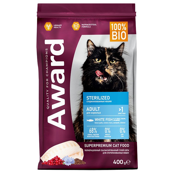 Сухой корм AWARD Sterilized для взр/стерил кошек с белой рыбой 400г
